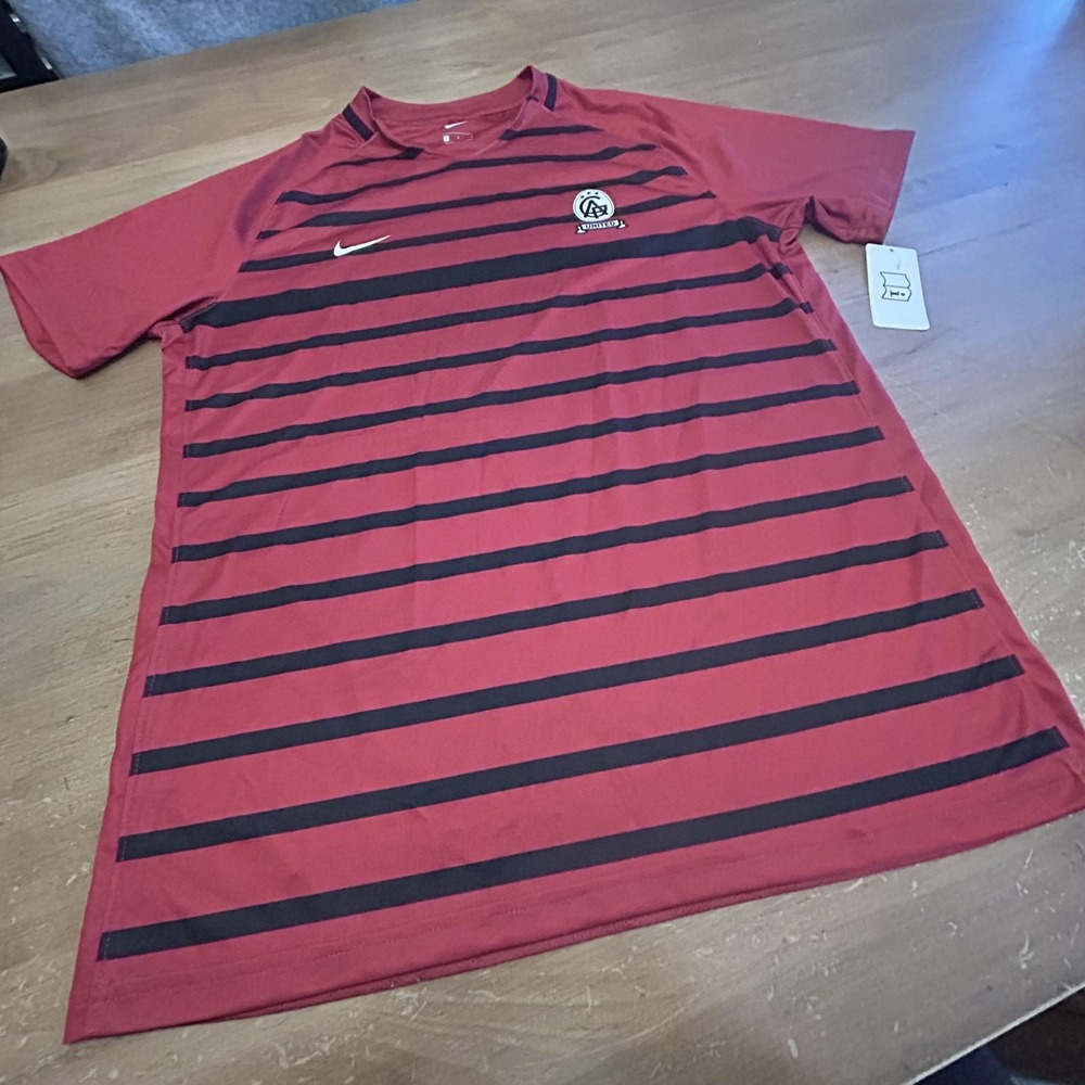 Nike Soccer Shirt Mens Large Red Black Striped Short‎ Sleeve Jersey New Training